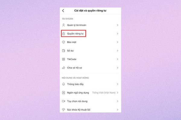 Nhấn chọn "Quyền riêng tư"