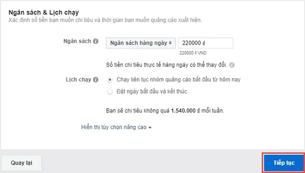 Thiết lập ngân sách quảng cáo facebook