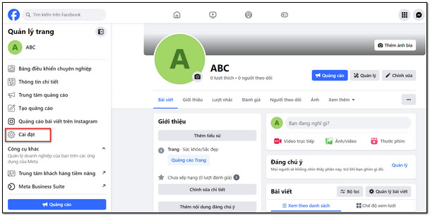 Truy cập vào fanpage trên máy tính > chọn Cài đặt